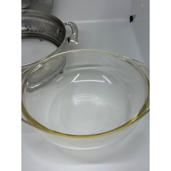 VTG Hammered Aluminum Casserole Server w/ Pyrex Liner & Lid | MCM Food Warmer - Picture 5 of 10